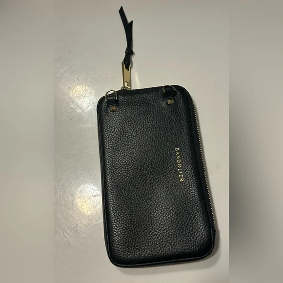 Bandolier Expanded Pouch, Black Pebbled Leather, Gold Hardware, NWOT - Picture 2 of 7